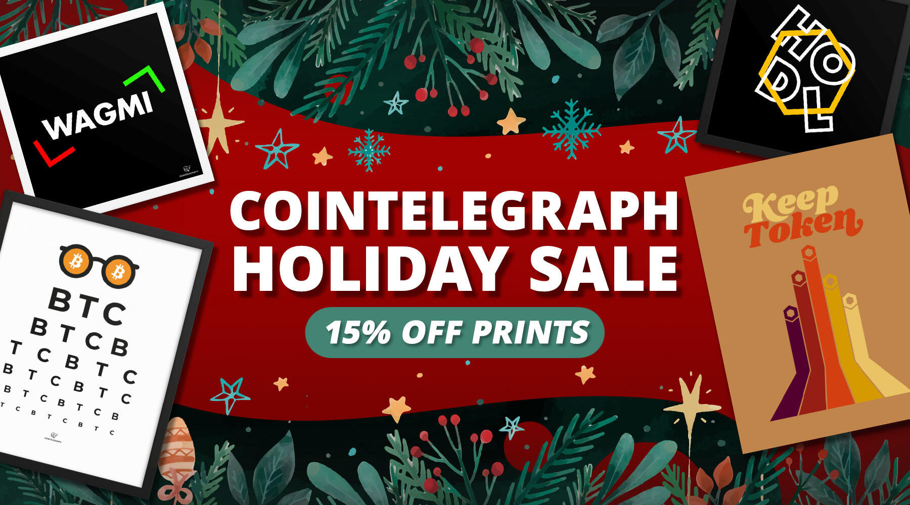 Amid a busy holiday season, I designed this festive Cointelegraph ad for a 15% off sale on prints. With the team stretched thin, I led the creative process, crafting visuals that captured the holiday spirit and successfully drove traffic.